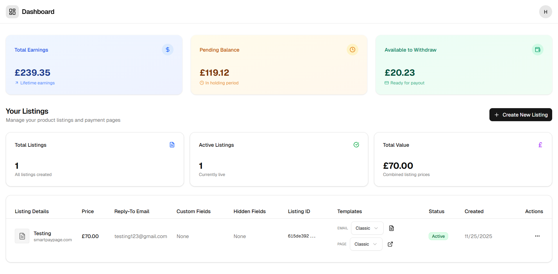 SmartPayPage Dashboard